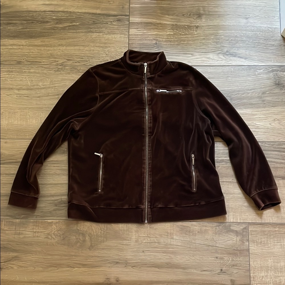 Lauren Ralph Lauren Track Jacket Womens 1X Brown Velour Zip Up Casual Sweater